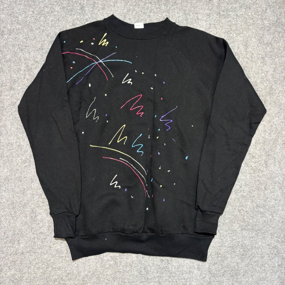 Vintage Tultex 80s Neon Puff Paint Abstract Sweatshirt Black Large Made in USA